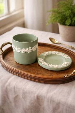 Wedgwood Sage Green Jasperware Grapevine Cigarette Holder and Pin Dish Set